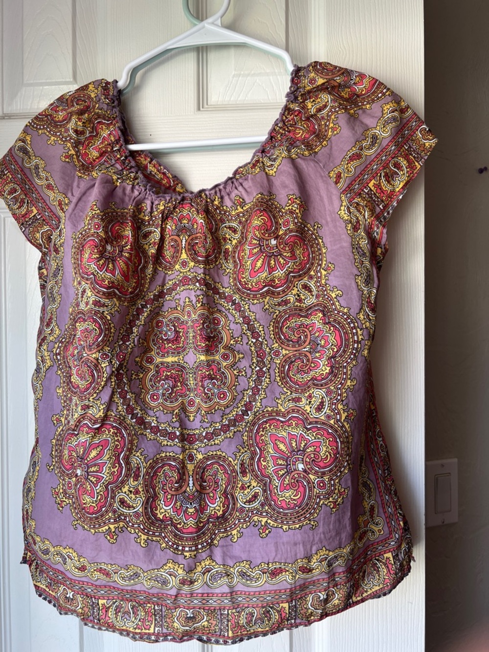 Lucky Brand Mauve Paisley Medallion Top with Red and Yellow Accents